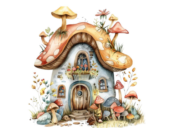 Watercolor colourful fairy house in mashroom t shirt design for sale