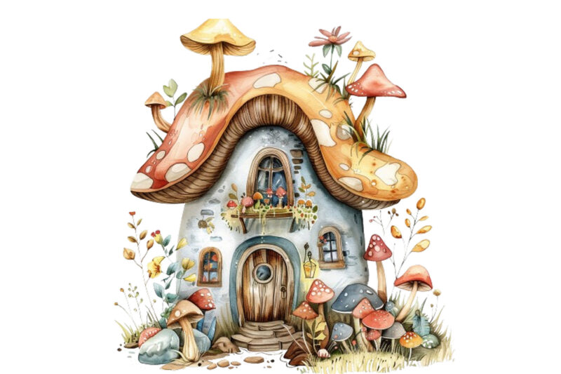 watercolor colourful fairy house in mashroom