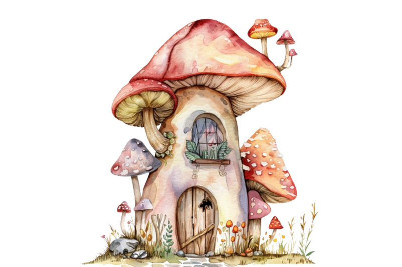 watercolor colourful fairy house in mashroom