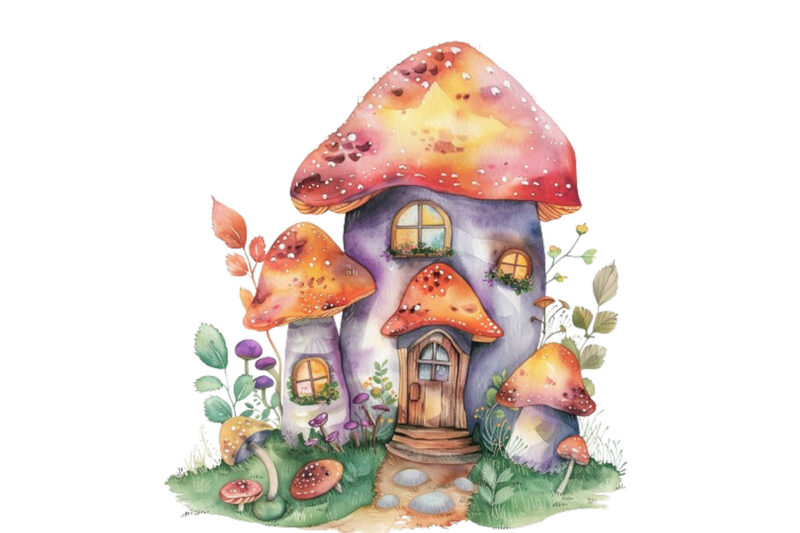 watercolor colourful fairy house in mashroom