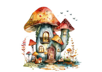 watercolor colourful fairy house in mashroom