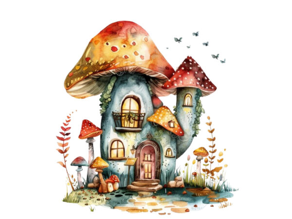 Watercolor colourful fairy house in mashroom t shirt design for sale