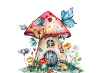 watercolor colourful fairy house in mashroom