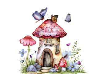 watercolor colourful fairy house in mashroom