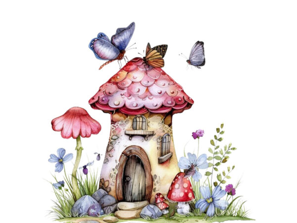 Watercolor colourful fairy house in mashroom t shirt design for sale