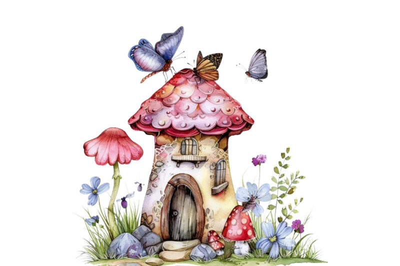 watercolor colourful fairy house in mashroom