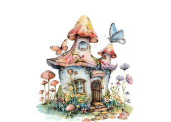 watercolor colourful fairy house in mashroom t shirt design for sale