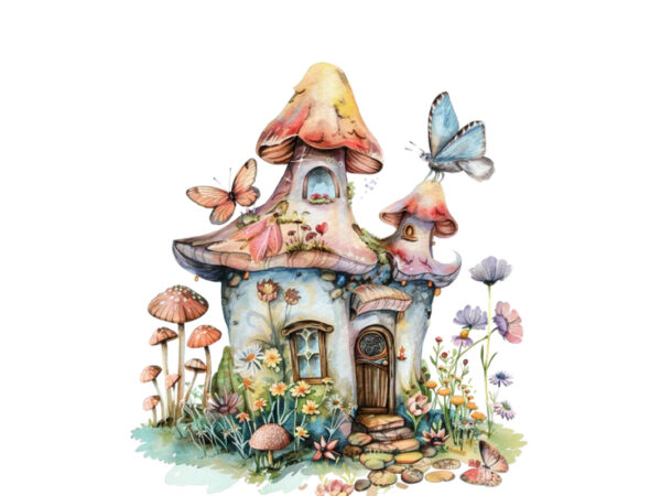 Watercolor colourful fairy house in mashroom t shirt design for sale