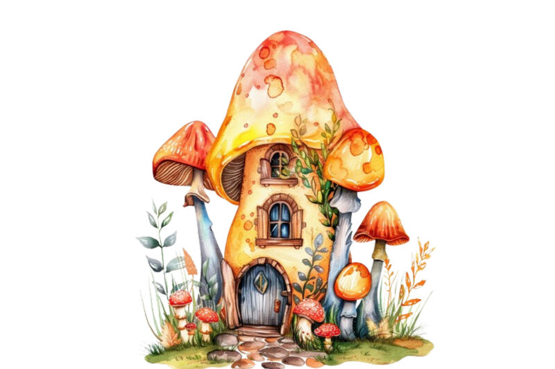 watercolor colourful fairy house in mashroom