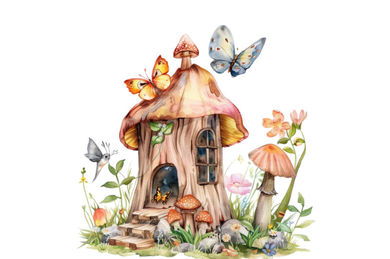 watercolor colourful fairy house in mashroom