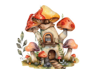 watercolor colourful fairy house in mashroom t shirt design for sale