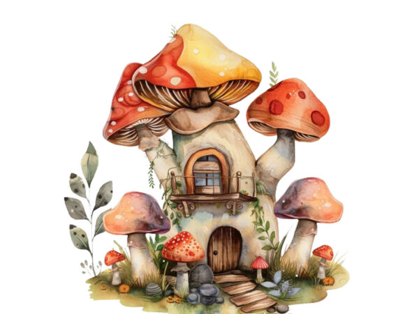 Watercolor colourful fairy house in mashroom t shirt design for sale