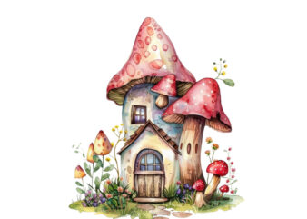 watercolor colourful fairy house in mashroom