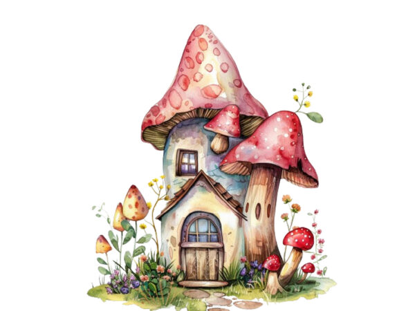 Watercolor colourful fairy house in mashroom t shirt design for sale