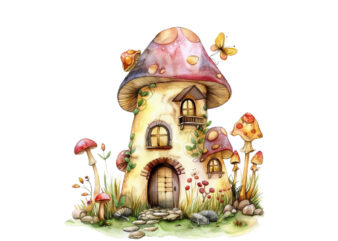 watercolor colourful fairy house in mashroom t shirt design for sale