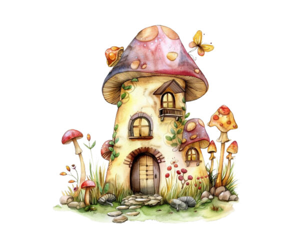 Watercolor colourful fairy house in mashroom t shirt design for sale