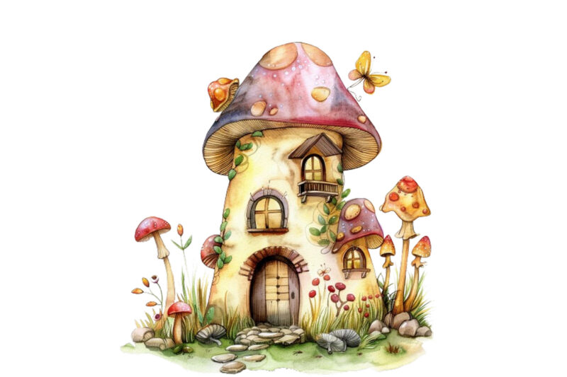 watercolor colourful fairy house in mashroom