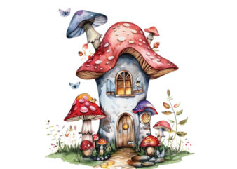 watercolor colourful fairy house in mashroom t shirt design for sale