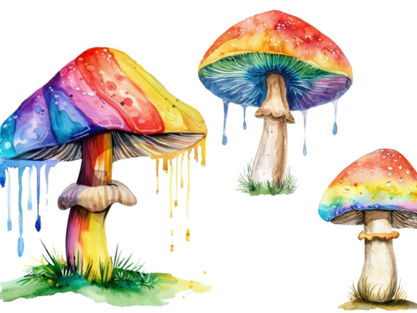 Watercolor colourful rainbow mashroom t shirt design for sale