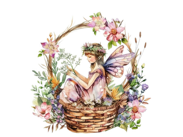 Watercolor fairy basket clipart t shirt design for sale