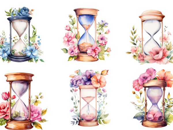 Watercolor hourglass with flower clipart t shirt design for sale