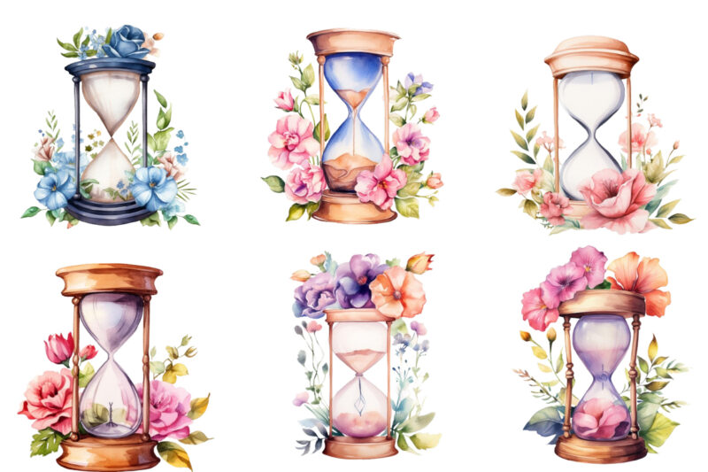 watercolor hourglass with flower clipart