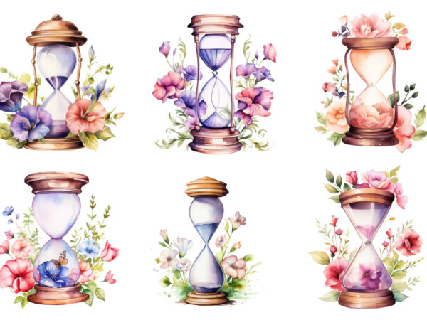 Watercolor hourglass with flower clipart t shirt design for sale