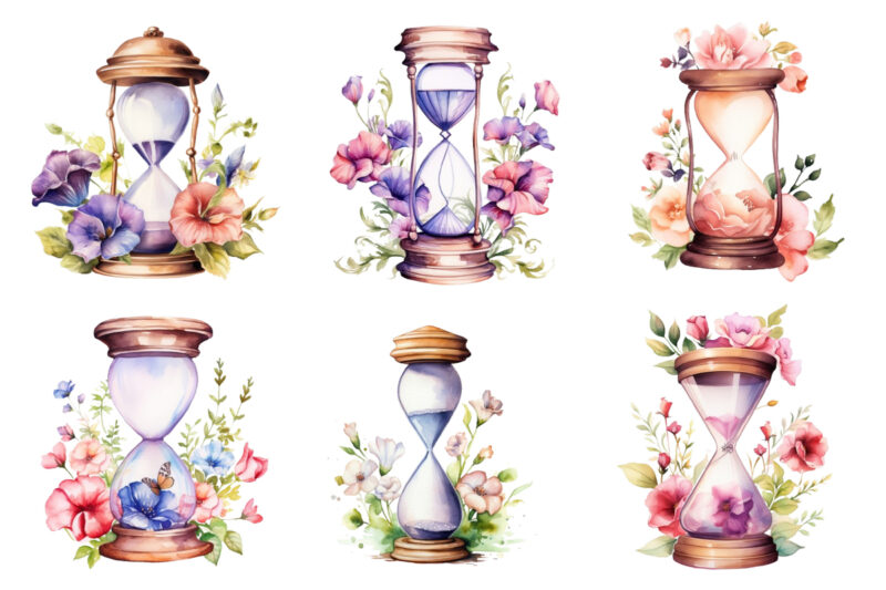 watercolor hourglass with flower clipart