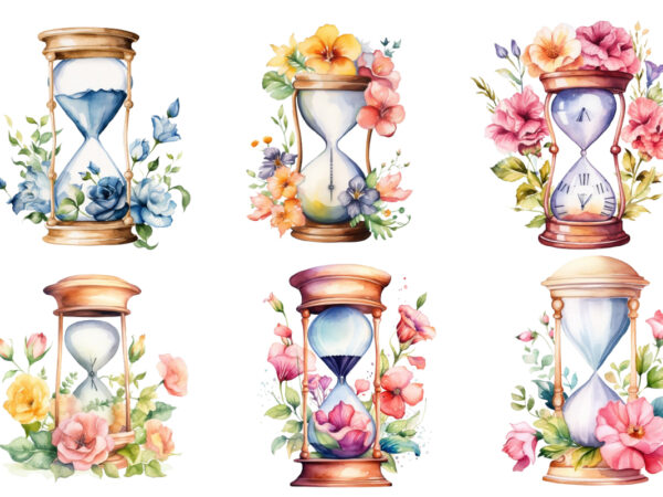 Watercolor hourglass with flower clipart t shirt design for sale