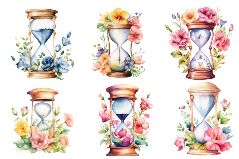 watercolor hourglass with flower clipart