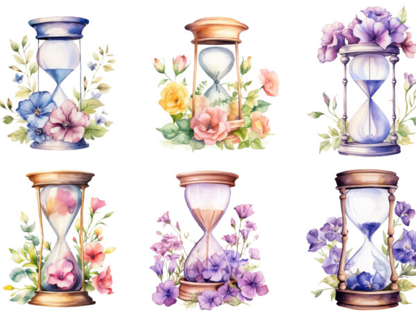 Watercolor hourglass with flower clipart t shirt design for sale