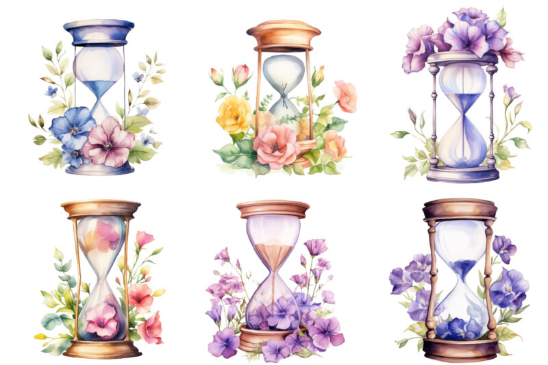 watercolor hourglass with flower clipart