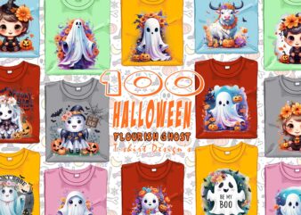 100 Retro Halloween Party with Flourish Ghost t-shirt designs mega bundle