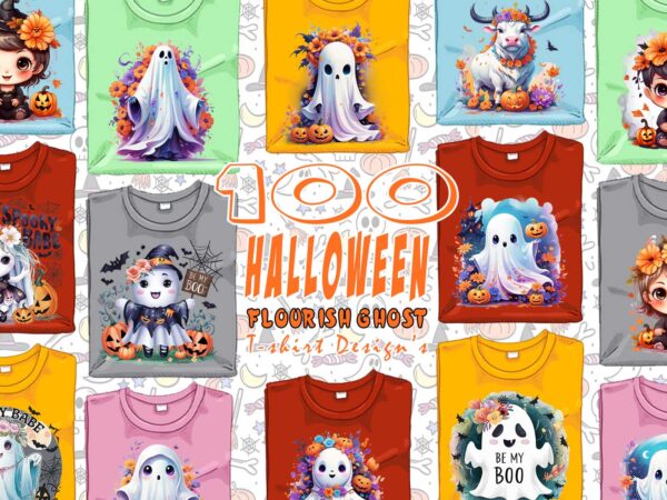 100 retro halloween party with flourish ghost t-shirt designs mega bundle