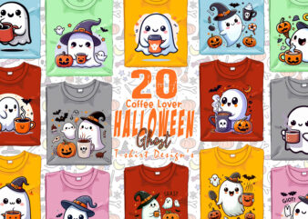 Magical Halloween Spooky Ghost with Coffee Cup of Halloween t-shirt design bundle of 20 designs – download instantly Retro Vintage Illustrat