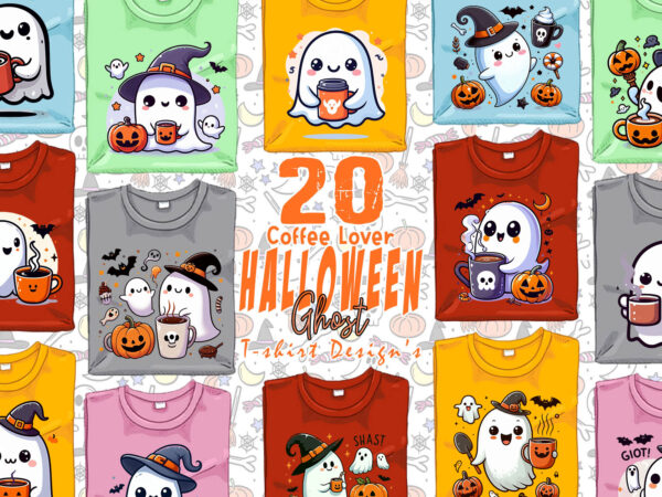 Magical halloween spooky ghost with coffee cup of halloween t-shirt design bundle of 20 designs – download instantly retro vintage illustrat