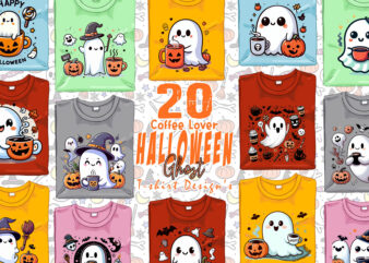 Magical Coffee Party of Halloween Cute Ghost t-shirt design bundle of 20 designs