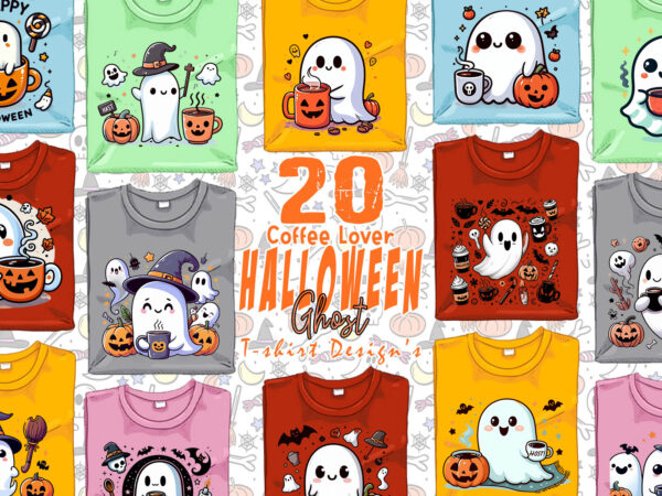 Magical coffee party of halloween cute ghost t-shirt design bundle of 20 designs