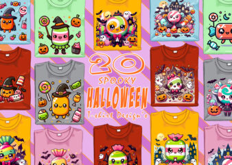 Colourful Halloween Candy Ghost t-shirt design bundle with 20 png & jpeg designs – download instantly Retro Vintage T-shirt Bundle