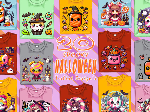 Retro halloween candy ghost t-shirt design bundle with 20 designs for pod