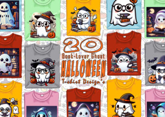 Magical Book of Halloween Cute Ghost t-shirt design bundle with 20 designs for POD