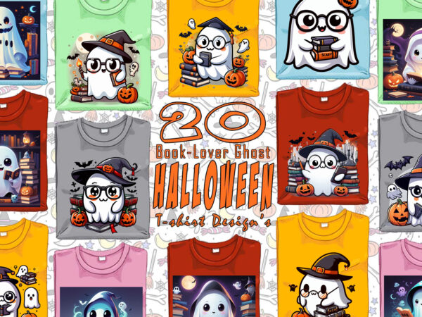 Magical book of halloween cute ghost t-shirt design bundle with 20 designs for pod