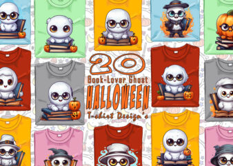 Colourful Halloween Bookish Ghost t-shirt design bundle with 20 designs – download instantly Retro Vintage T-shirt Illustration