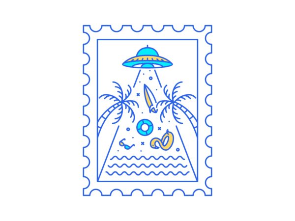 Summer ufo invasion postal stamp t shirt template vector