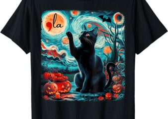 Black Cat Comma La Kamala Harris Halloween Starry Night T-Shirt