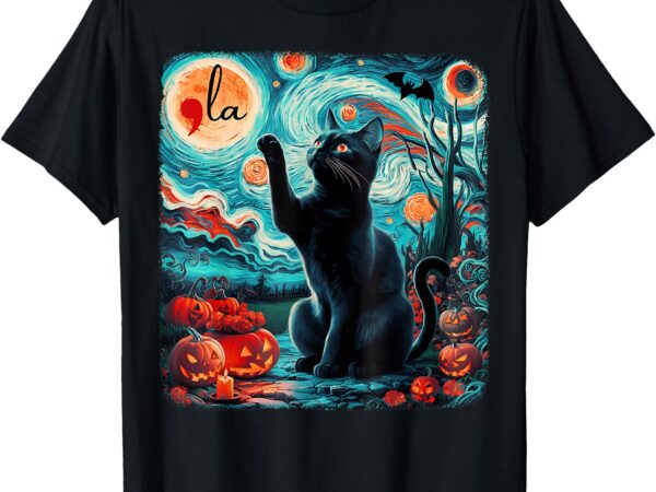 Black cat comma la kamala harris halloween starry night t-shirt