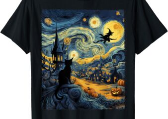 Cat Halloween Van Gogh Starry Night Pumpkin Gifts Men Women T-Shirt