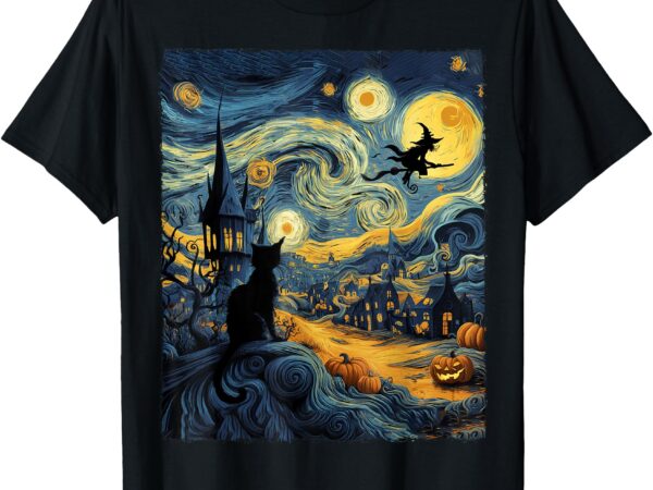 Cat halloween van gogh starry night pumpkin gifts men women t-shirt