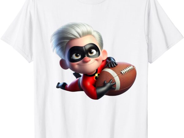 Child football player with blond hair catchig a football t-shirt