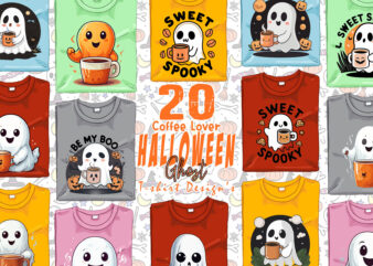 Watercolour Spooky Coffee Lover Ghost Halloween t-shirt design bundle of 20 designs – download instantly T-Shirt Bundle